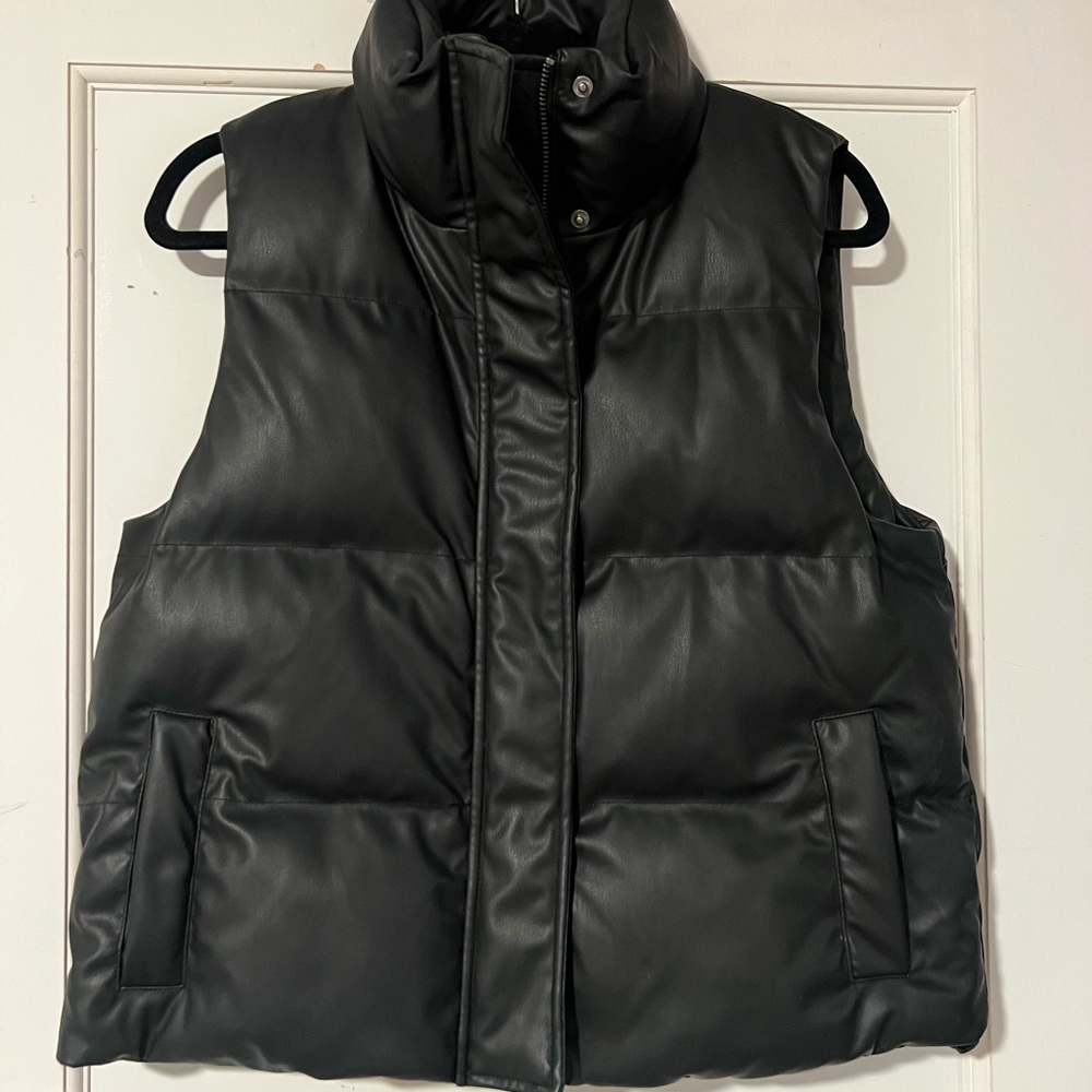 Women's Black Faux Leather Puffer Vest